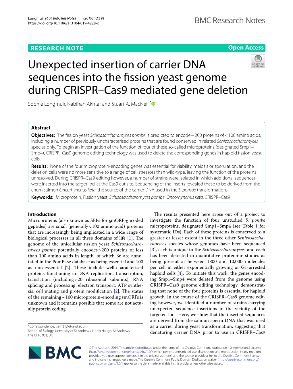 Unexpected Insertion of Carrier DNA Sequences Into the Fission Yeast Genome During CRISPR–Cas9 Mediated Gene Deletion