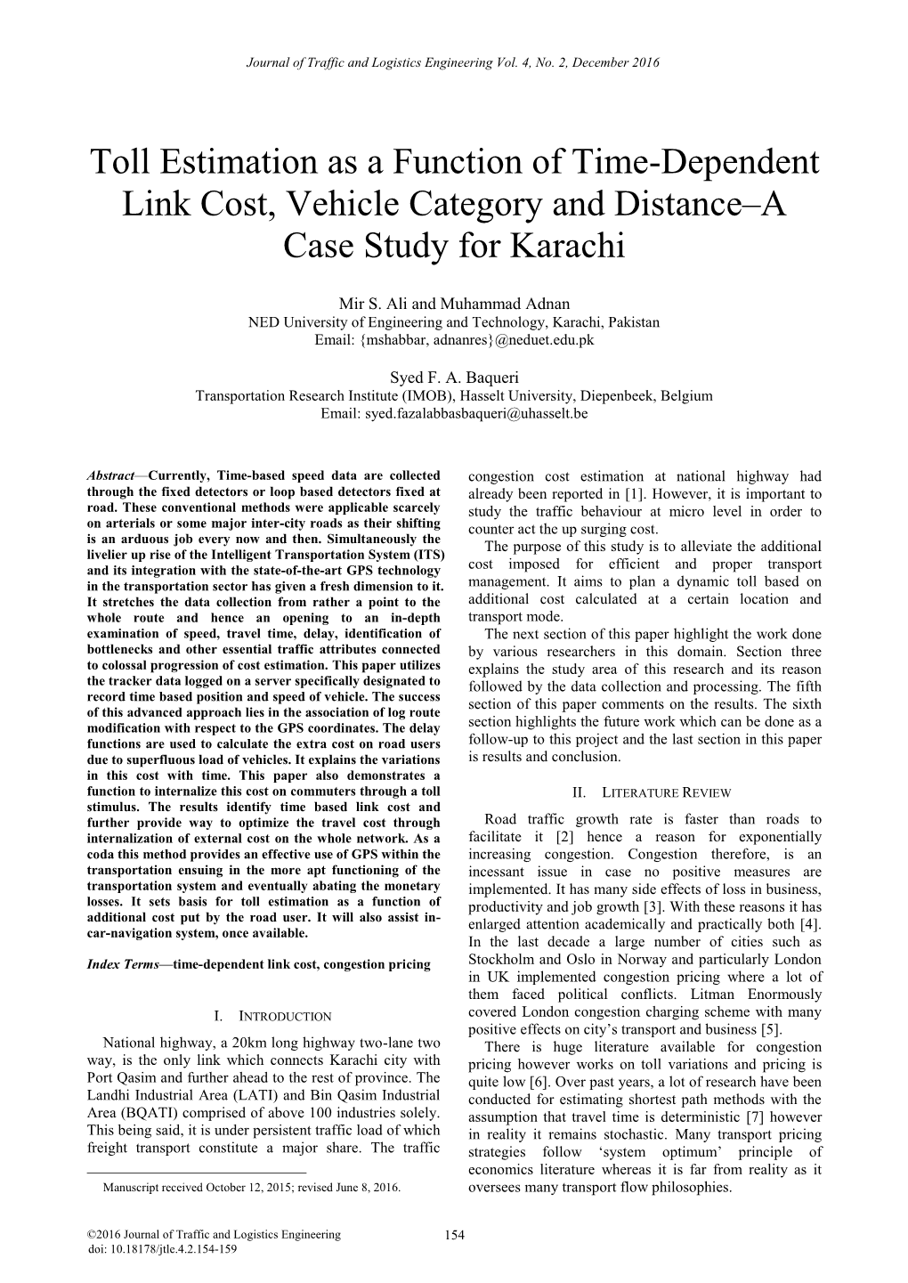 Toll Estimation As a Function of Time-Dependent Link Cost, Vehicle Category and Distance–A Case Study for Karachi