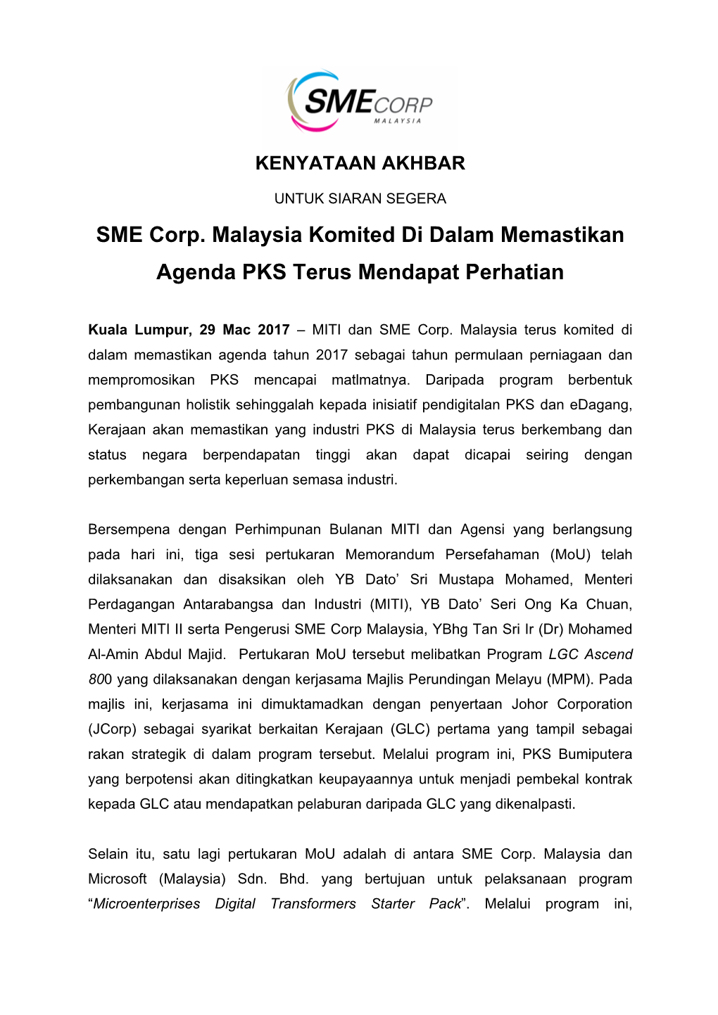 SME Corp. Malaysia Komited Di Dalam Memastikan Agenda PKS