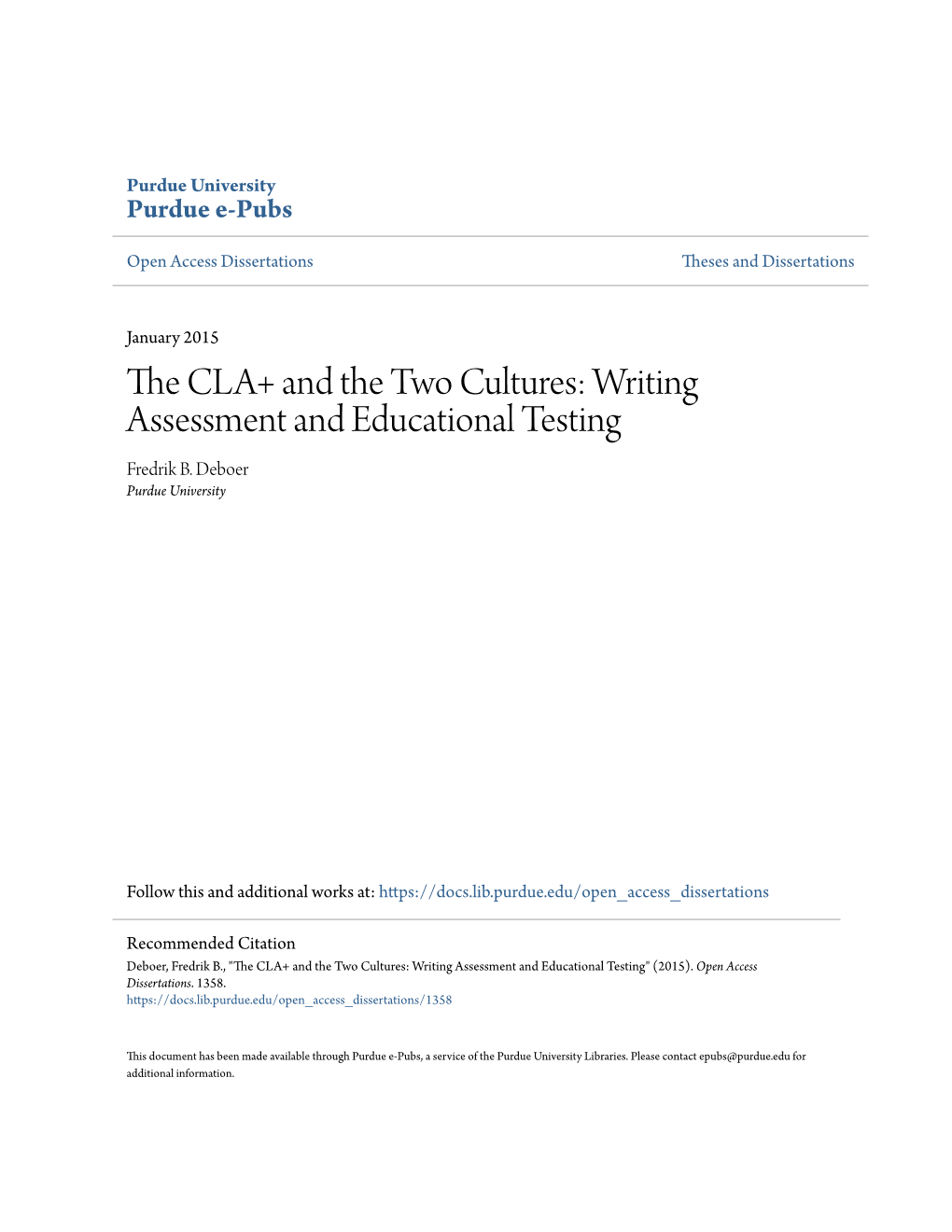 The Cla+ and the Two Cultures: Writing Assessment and Educational Testing