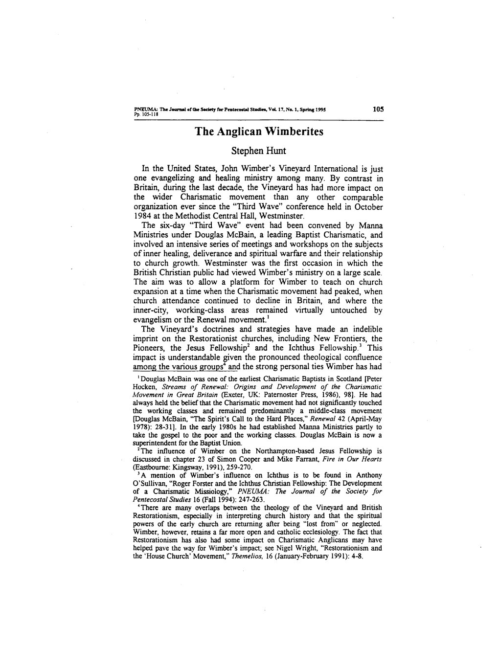 105 the Anglican Wimberites Stephen Hunt in the United States, John