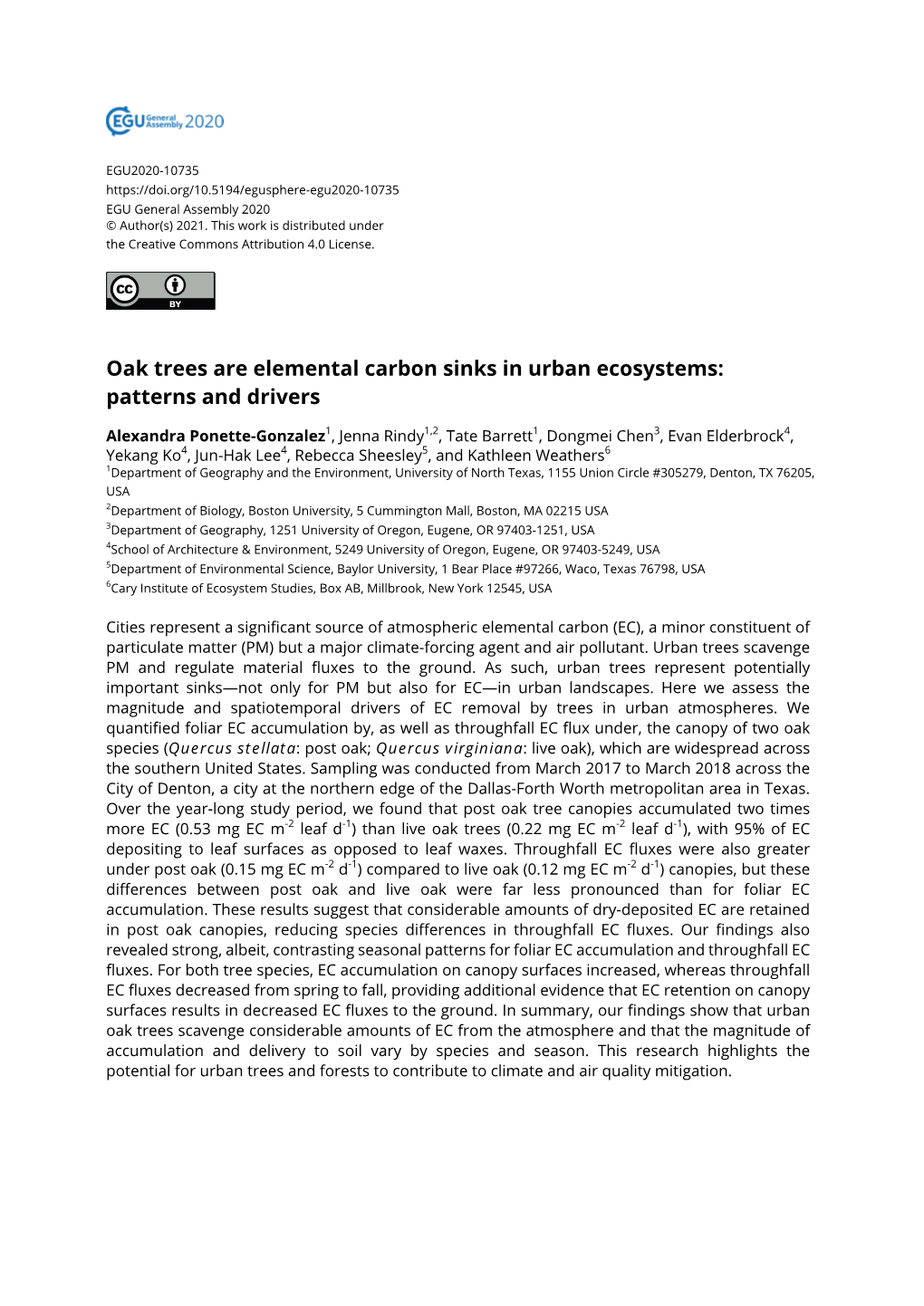 Oak Trees Are Elemental Carbon Sinks in Urban Ecosystems: Patterns and Drivers