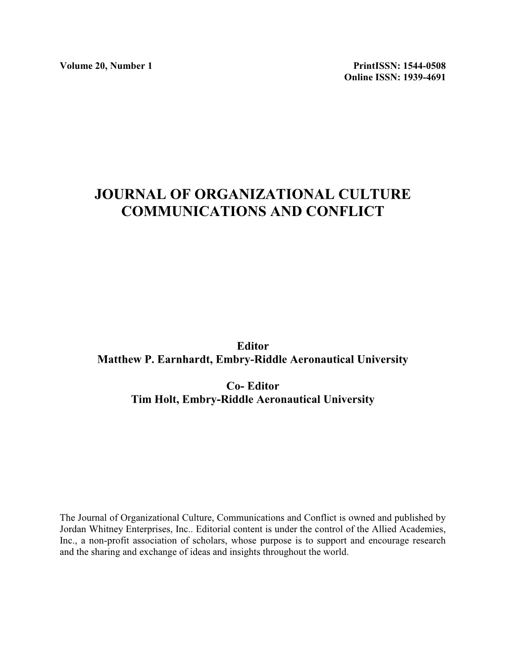 Journal of Organizational Culture Communications and Conflict