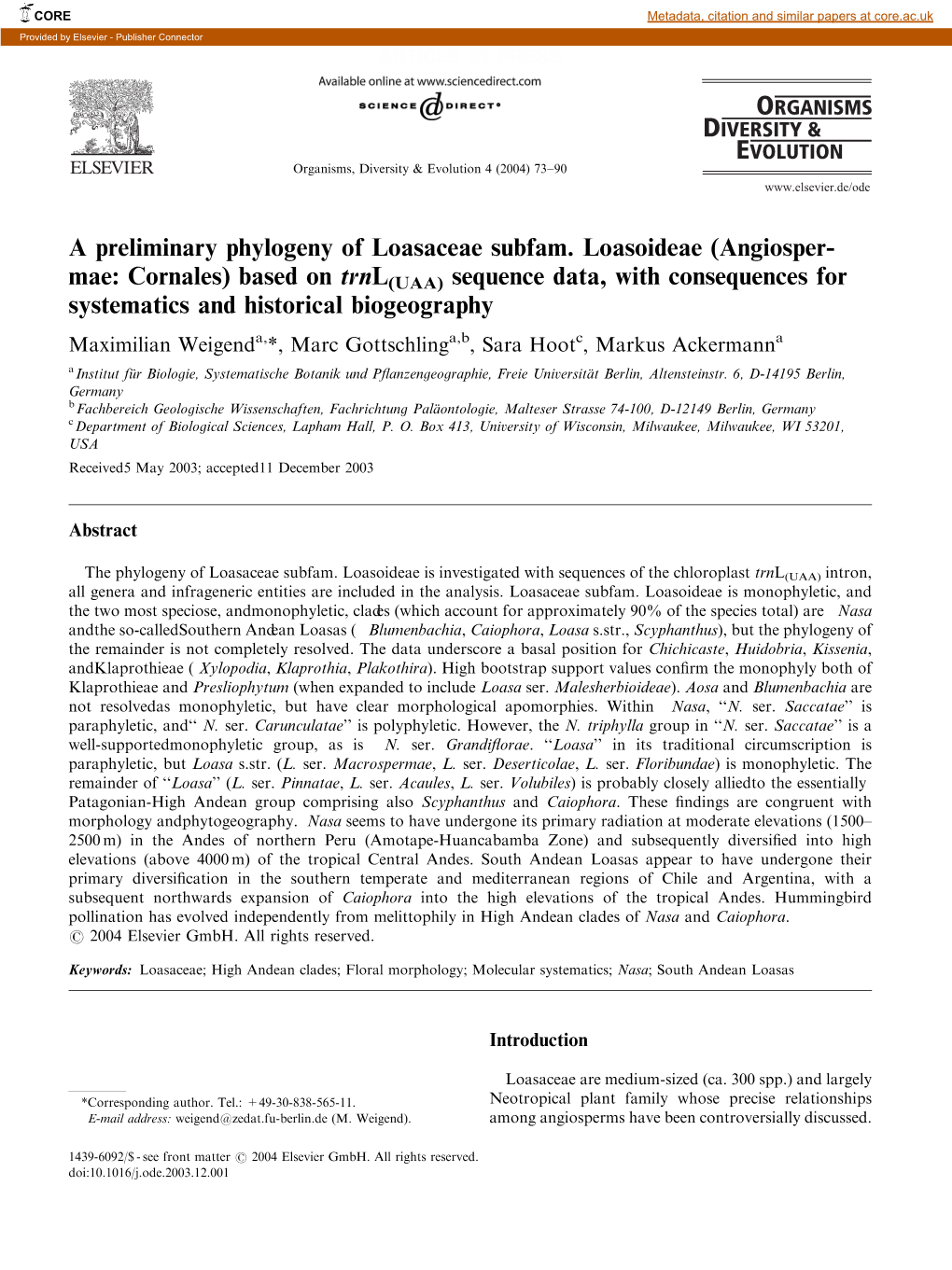 A Preliminary Phylogeny of Loasaceae Subfam. Loasoideae