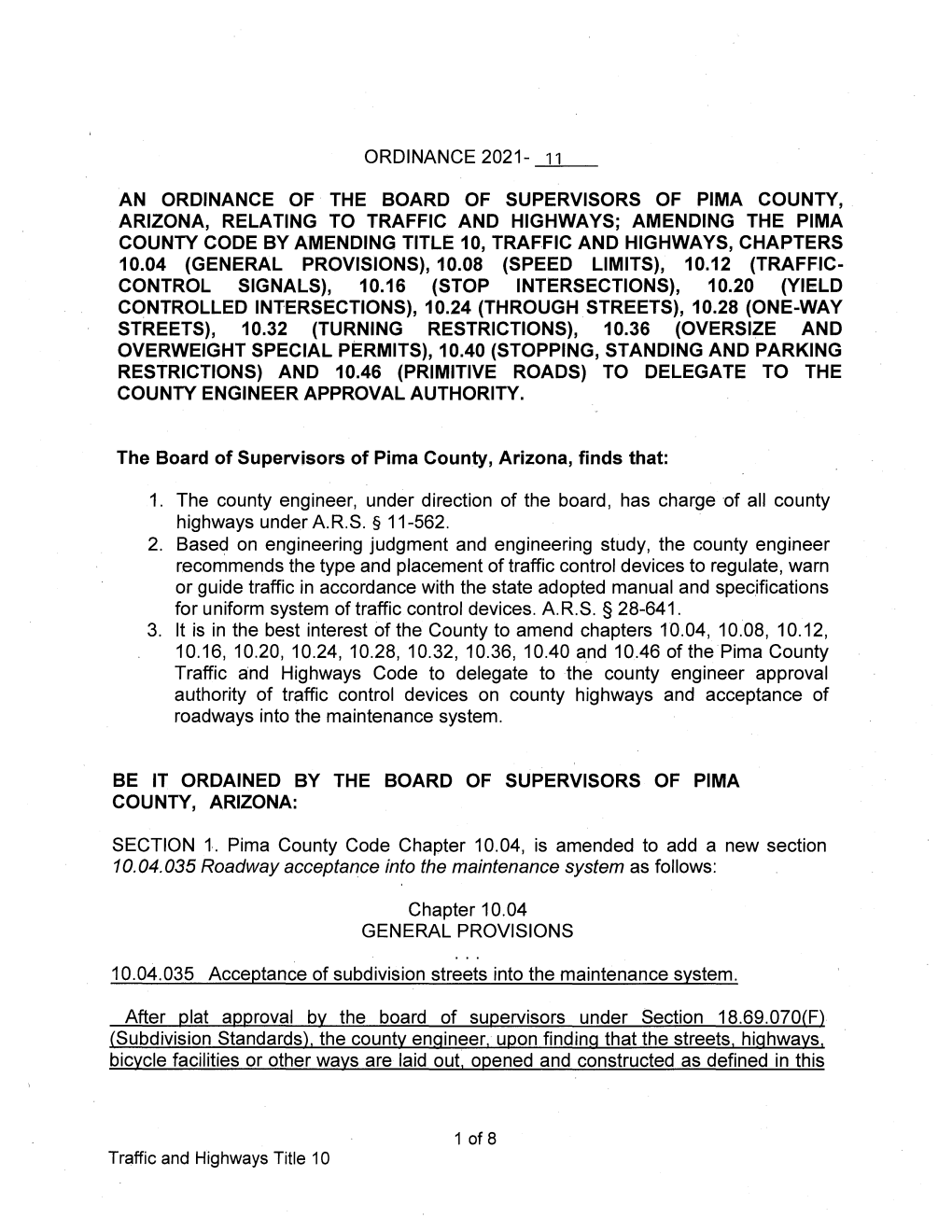 An Ordinance of the Board of Supervisors of Pima County