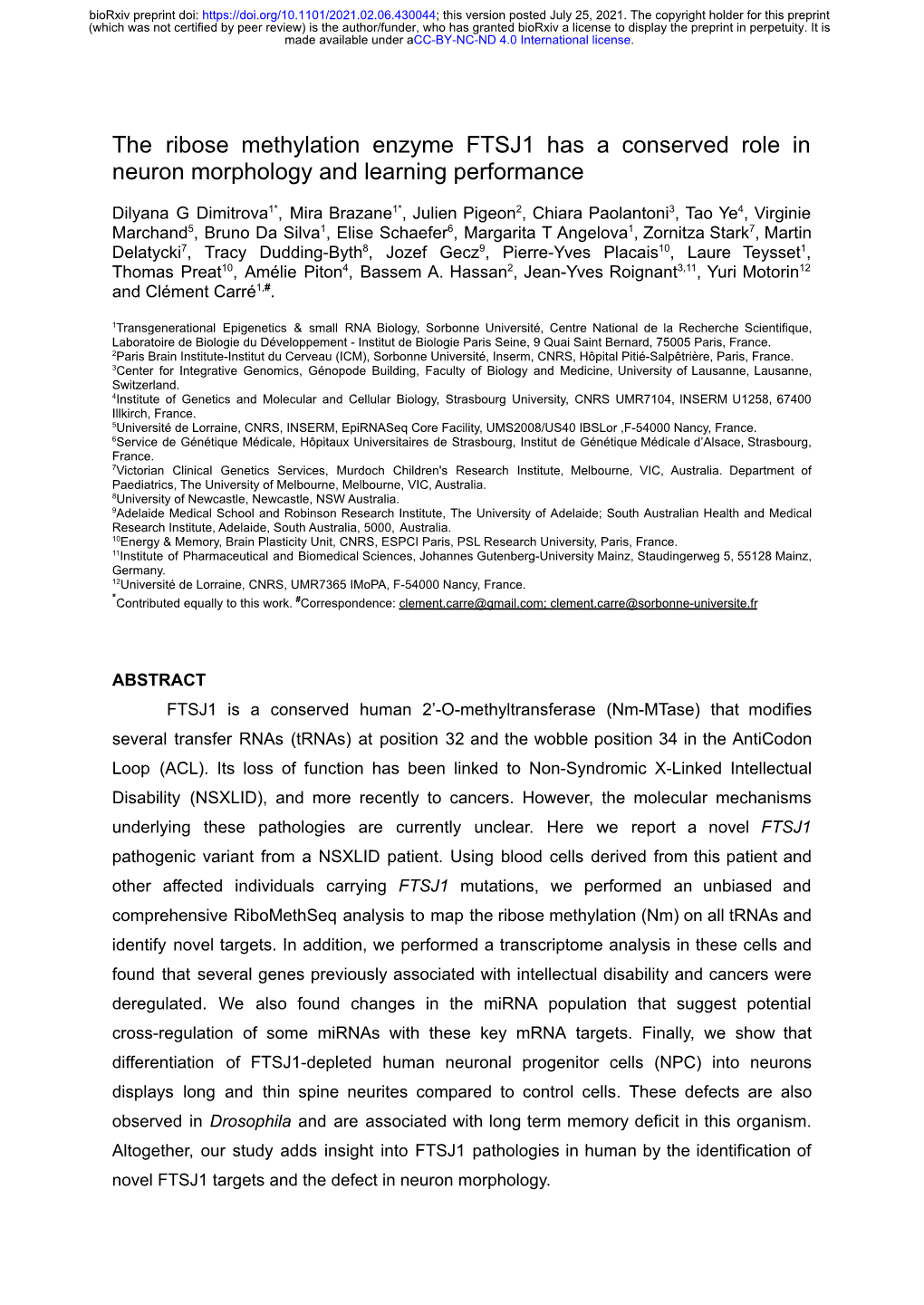 The Ribose Methylation Enzyme FTSJ1 Has a Conserved Role in Neuron Morphology and Learning Performance