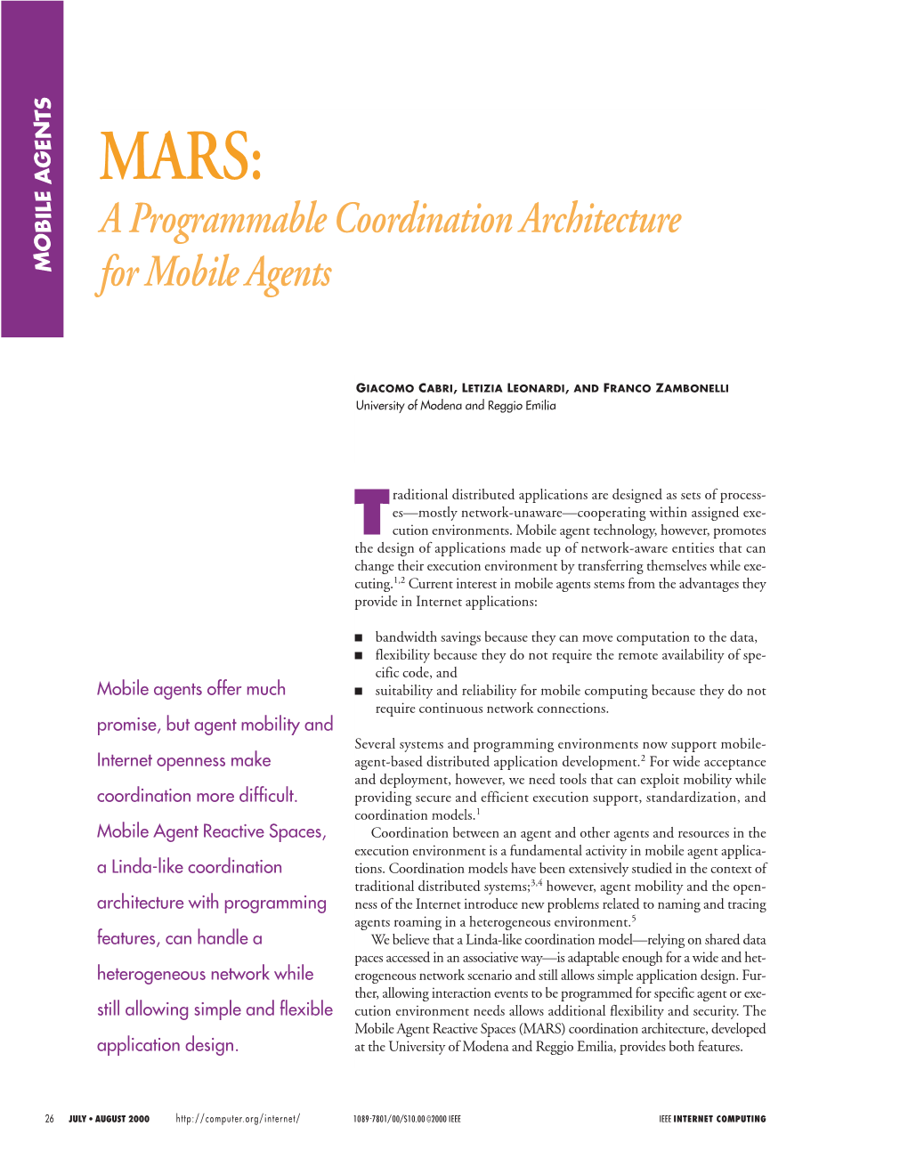 Mars: a Programmable Coordination Architecture for Mobile Agents