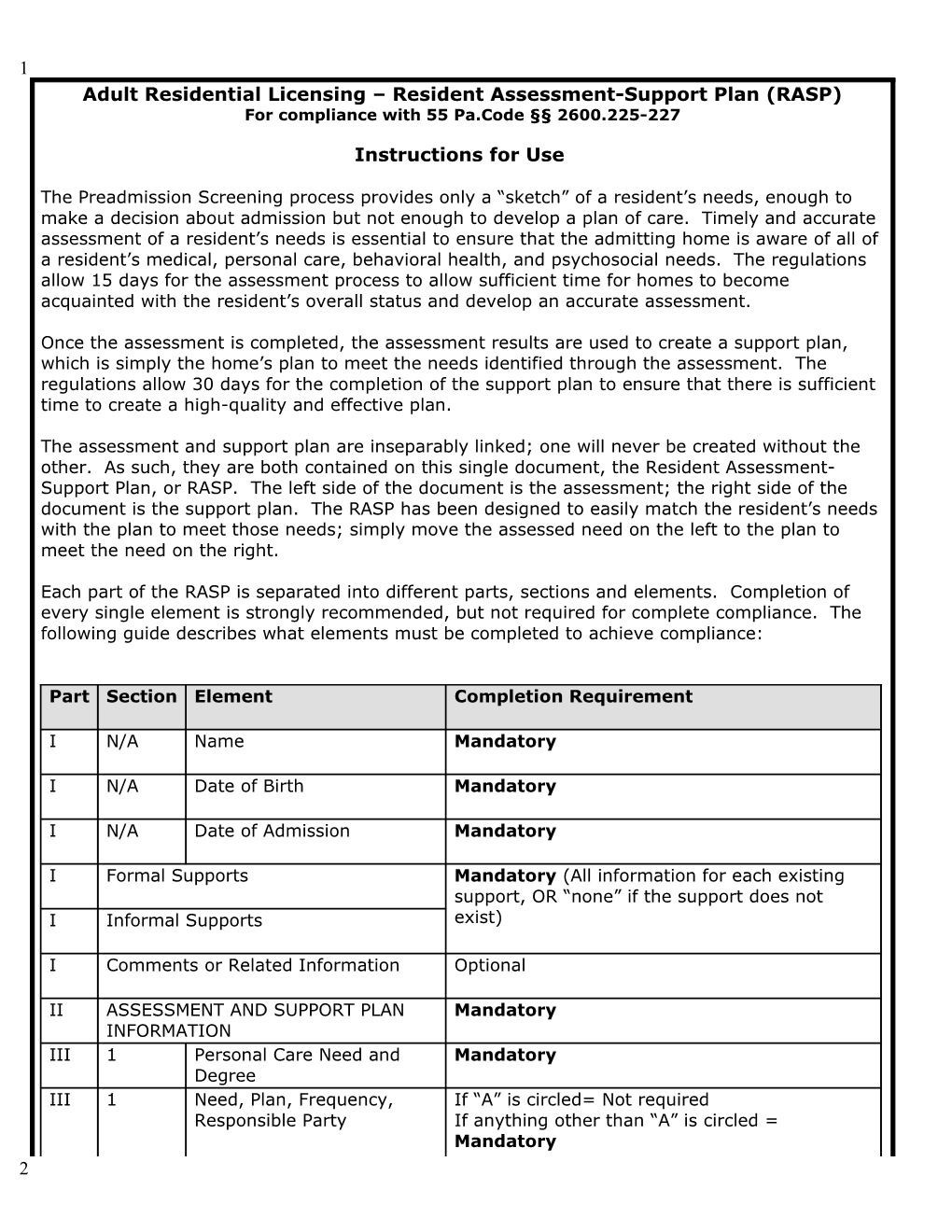 Adult Residential Licensing – Resident Assessment-Support Plan (RASP)