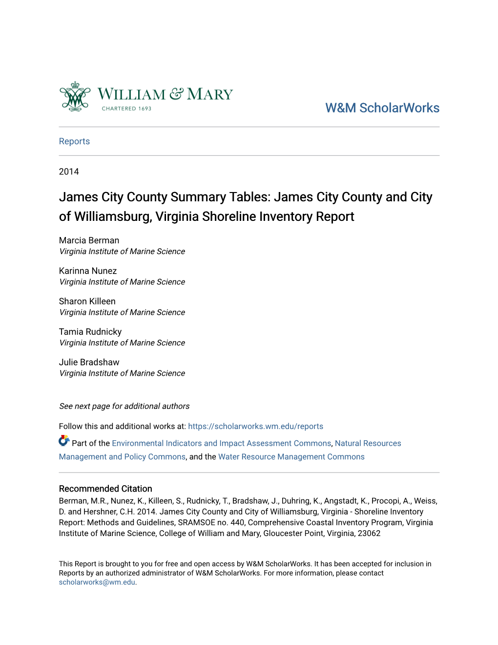 James City County and City of Williamsburg, Virginia Shoreline Inventory Report