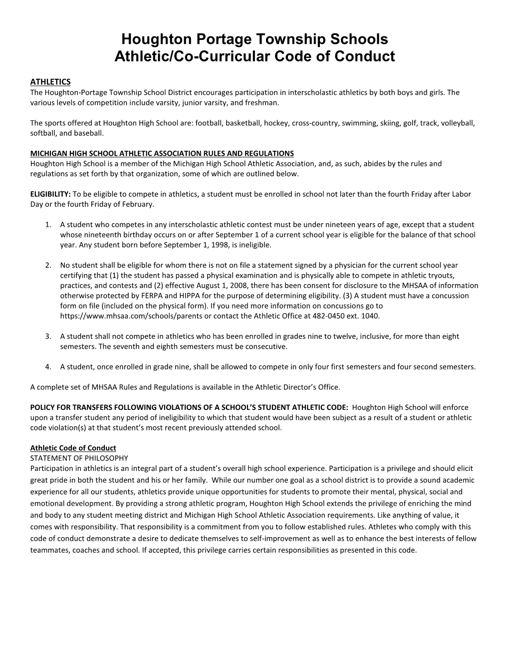 Houghton Portage Township Schools Athletic/Co-Curricular Code of Conduct