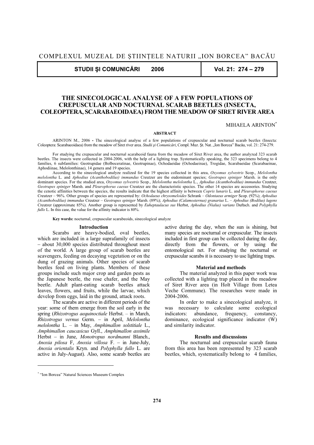 The Sinecological Analyse of Crepuscular and Nocturnal Scarab Beetles from Siret River Area