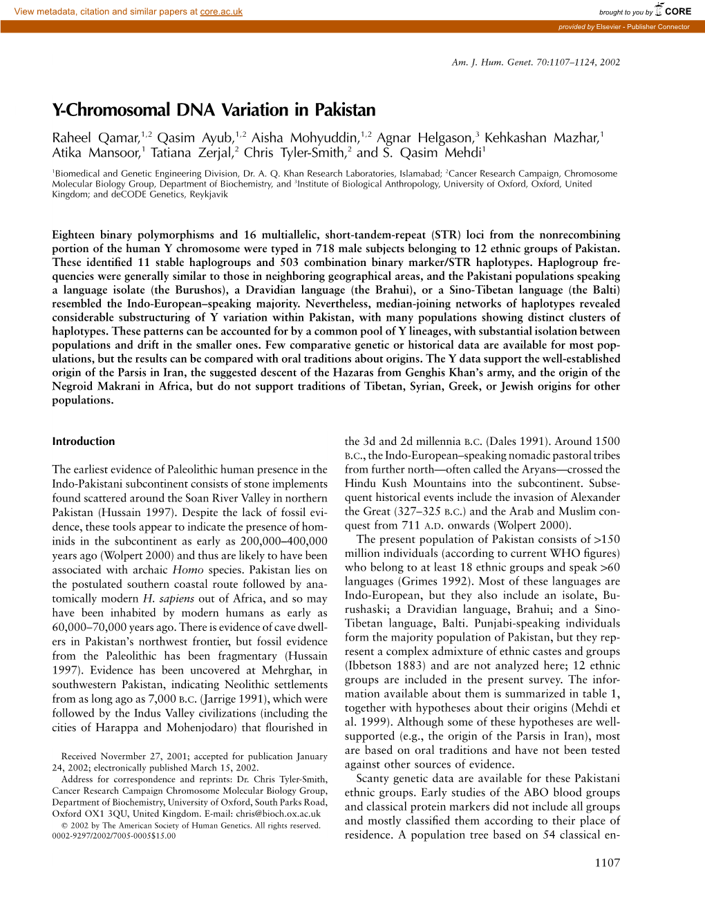 Y-Chromosomal DNA Variation in Pakistan