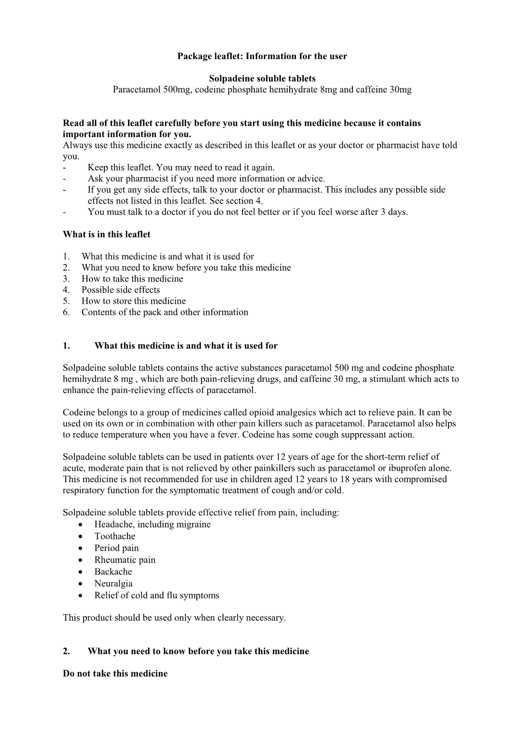 Information for the User Solpadeine Soluble Tablets Paracetamol