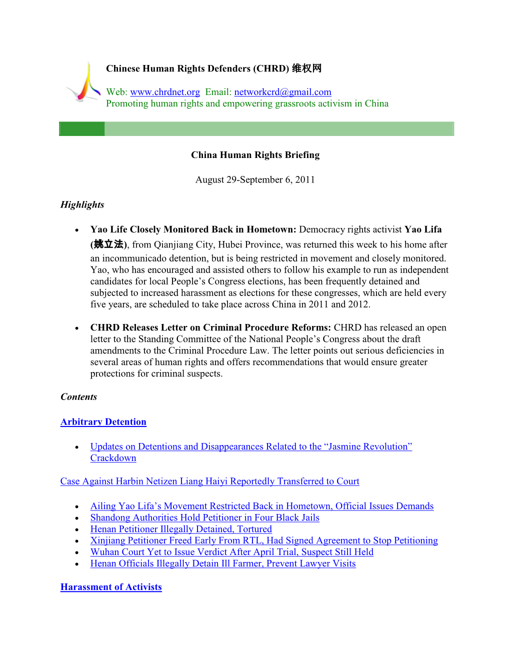 Chinese Human Rights Defenders (CHRD) 维权网 Web: Www