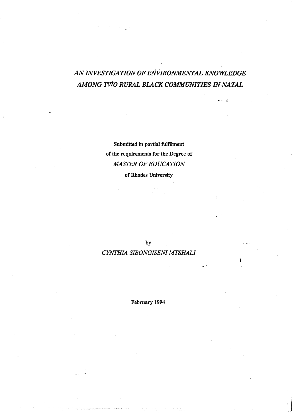 An Investigation of Environmental Knowledge Among Two Rural Black Communities in Natal