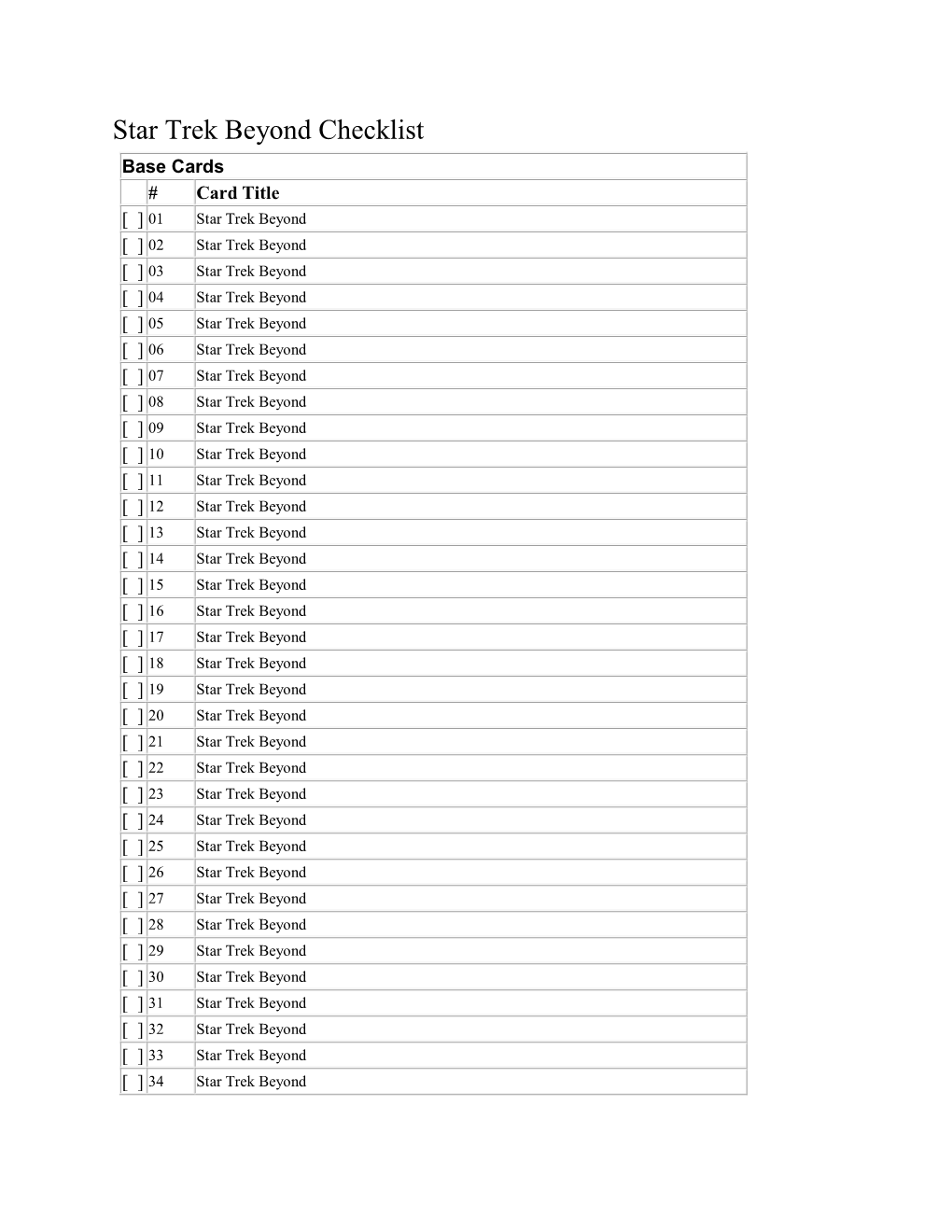 Star Trek Beyond Checklist