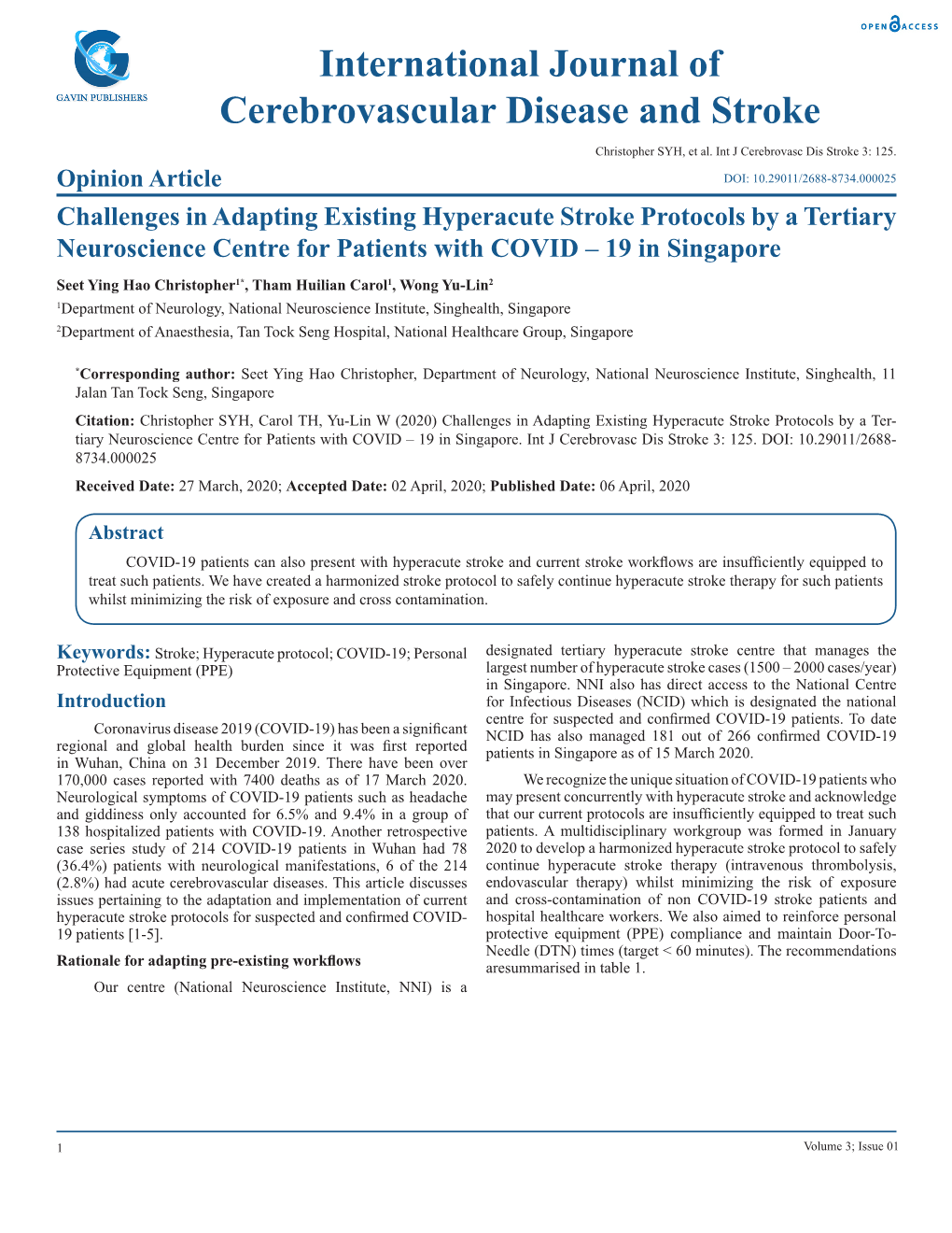 International Journal of Cerebrovascular Disease and Stroke Christopher SYH, Et Al