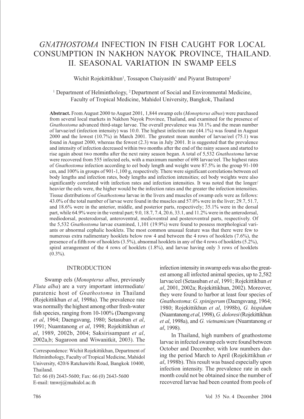 Gnathostoma Infection in Fish Caught for Local Consumption in Nakhon Nayok Province, Thailand