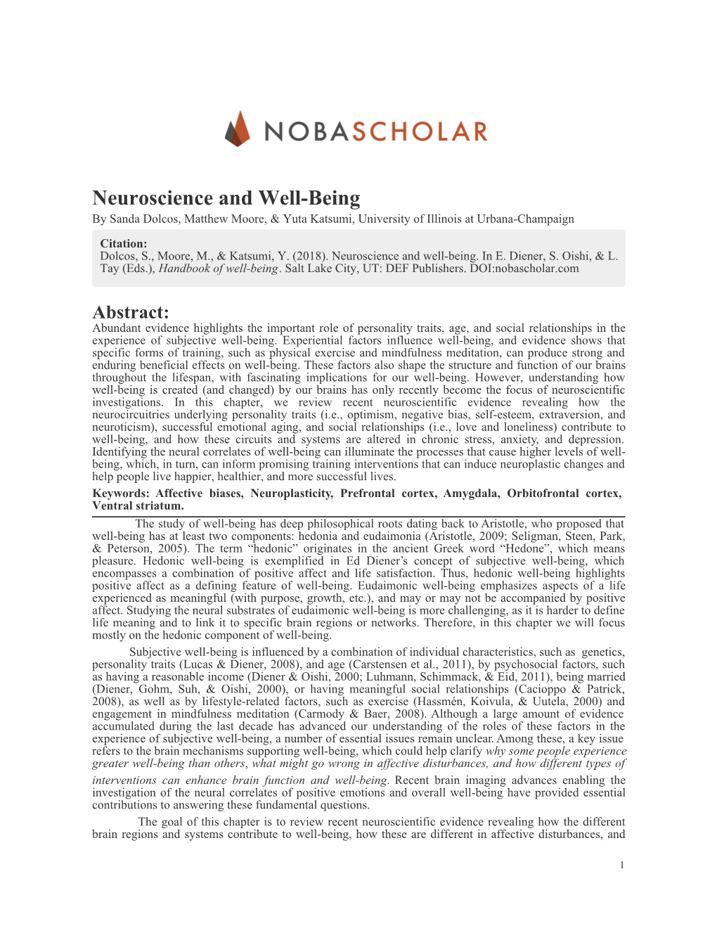 Neuroscience and Well-Being by Sanda Dolcos, Matthew Moore, & Yuta Katsumi, University of Illinois at Urbana-Champaign