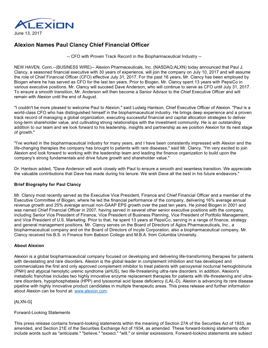 Alexion Names Paul Clancy Chief Financial Officer