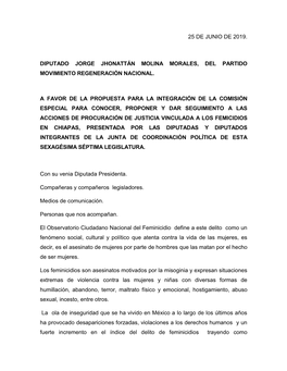 25 De Junio De 2019. Diputado Jorge Jhonattán Molina Morales, Del Partido Movimiento Regeneración Nacional. a Favor De La Prop