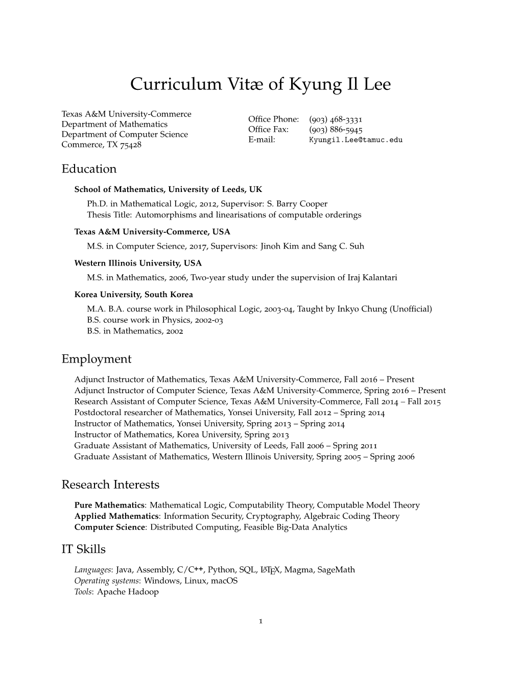 Curriculum Vitæ of Kyung Il Lee: Curriculum Vitae