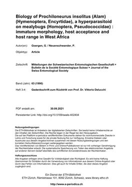 Biology of Prochiloneurus Insolitus (Alam) (Hymenoptera, Encyrtidae)