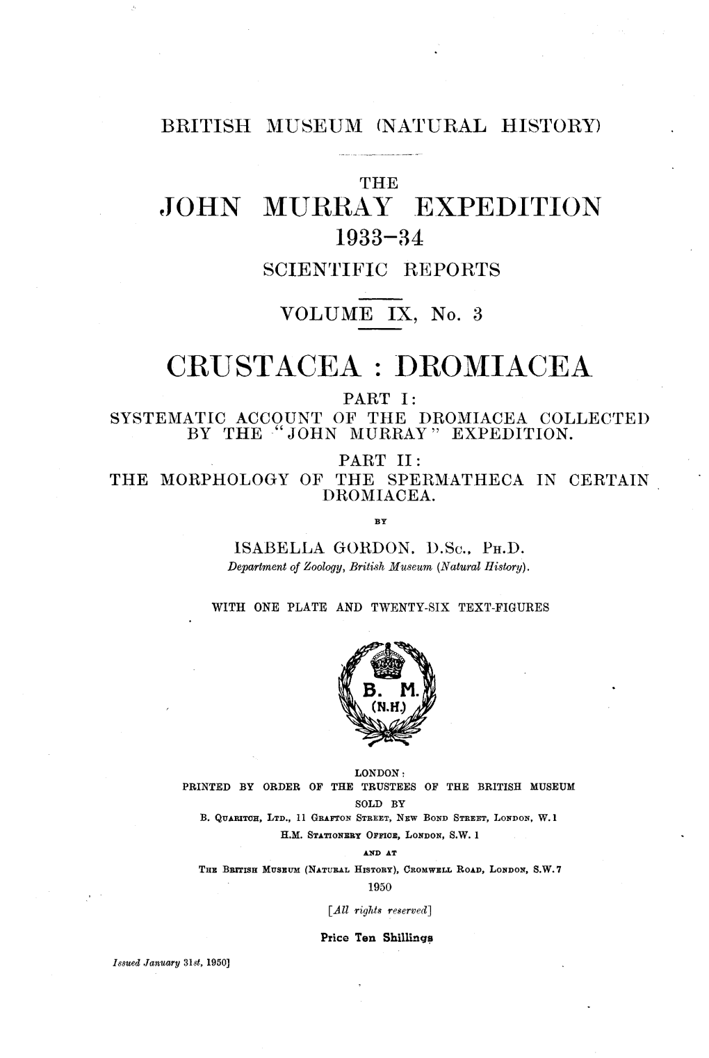 Crustacea : Dromiacea Part I: Systematic Account of the Dromiacea Collected by the 