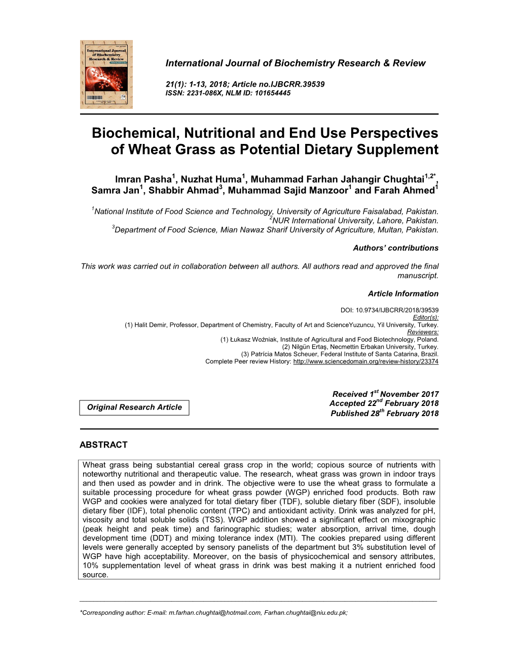 Biochemical, Nutritional and End Use Perspectives of Wheat Grass As Potential Dietary Supplement