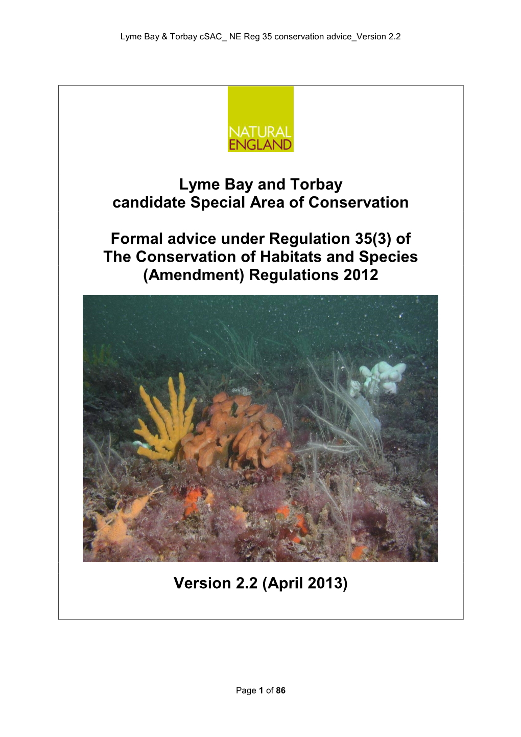 Lyme Bay and Torbay Csac Regulation 35 Conservation Advice