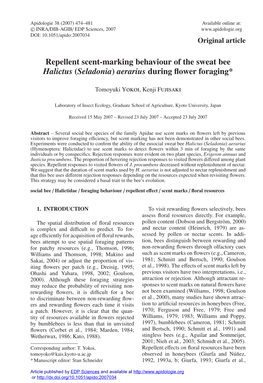Repellent Scent-Marking Behaviour of the Sweat Bee Halictus (Seladonia) Aerarius During ﬂower Foraging*