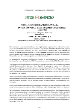 INTESA SANPAOLO BANK IRELAND P.L.C. INTESA SANPAOLO BANK LUXEMBOURG SOCIÉTÉ ANONYME (Each an Issuer and Together, the Issuers) Guaranteed by INTESA SANPAOLO S.P.A