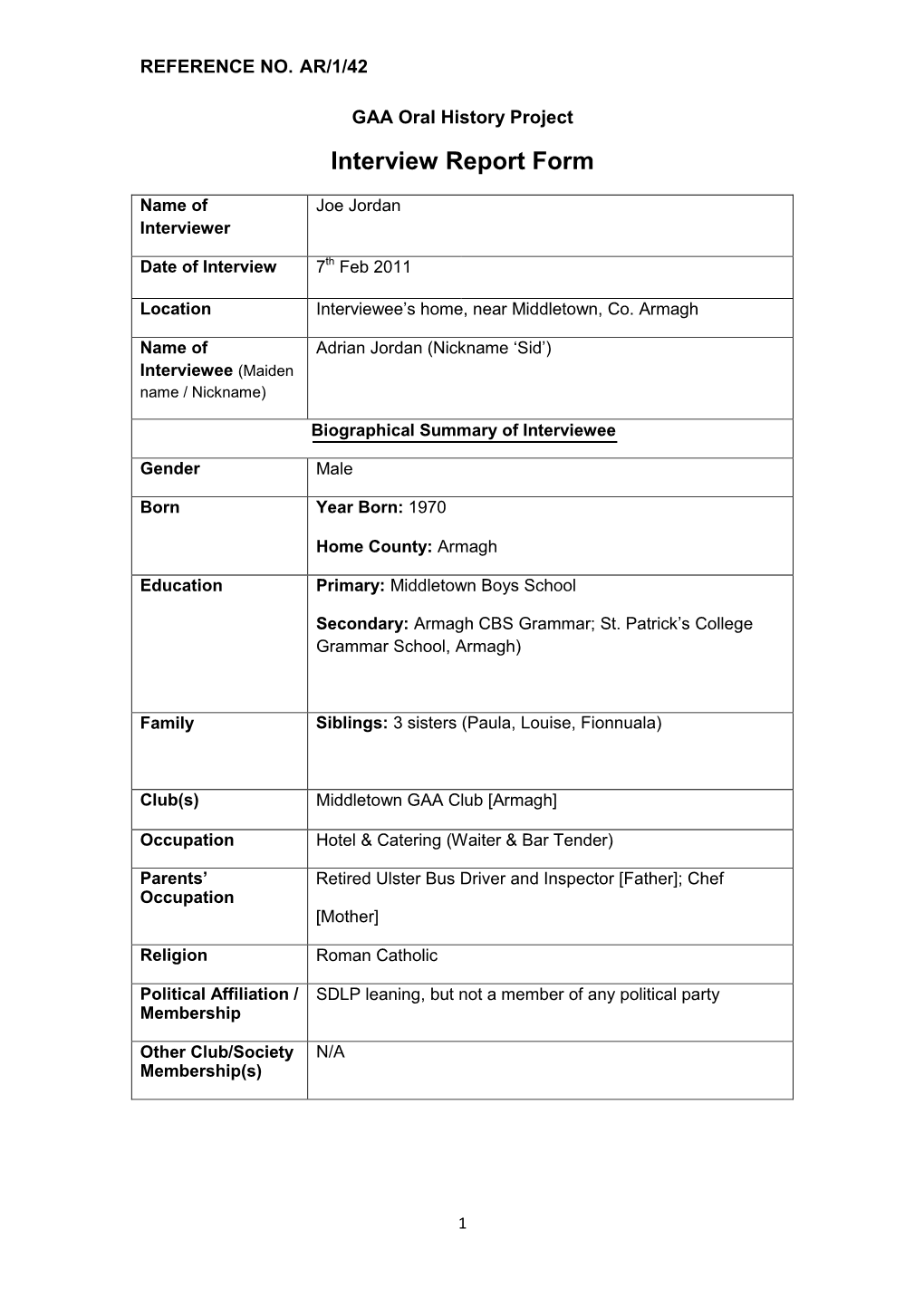 GAA Oral History Project Interview Report Form