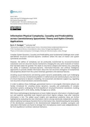 Information Physical Complexity, Causality and Predictability Across Coevolutionary Spacetimes: Theory and Hydro-Climatic Applications