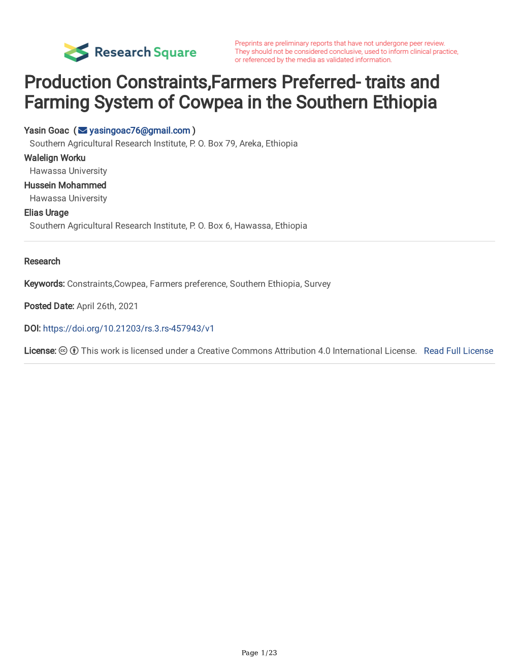 Traits and Farming System of Cowpea in the Southern Ethiopia