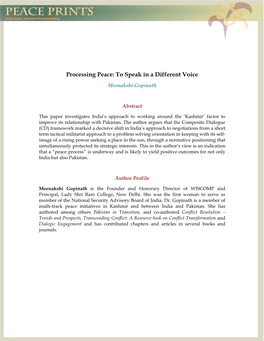 Processing Peace: to Speak in a Different Voice Peace Prints: South Asian Journal of Peacebuilding, Vol