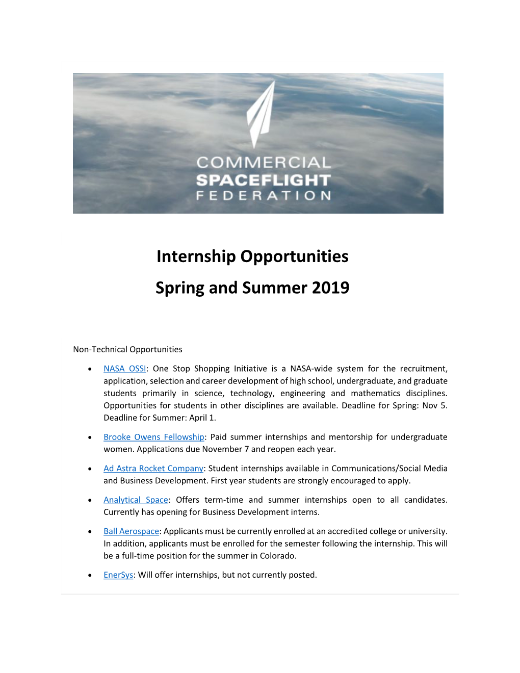 Internship Opportunities Spring and Summer 2019