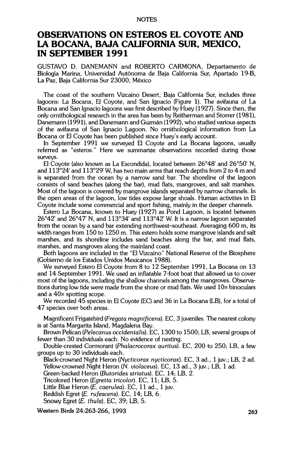 Observations on Esteros El Coyote and La Bocana, Baja California Sur, Mexico, in September 1991