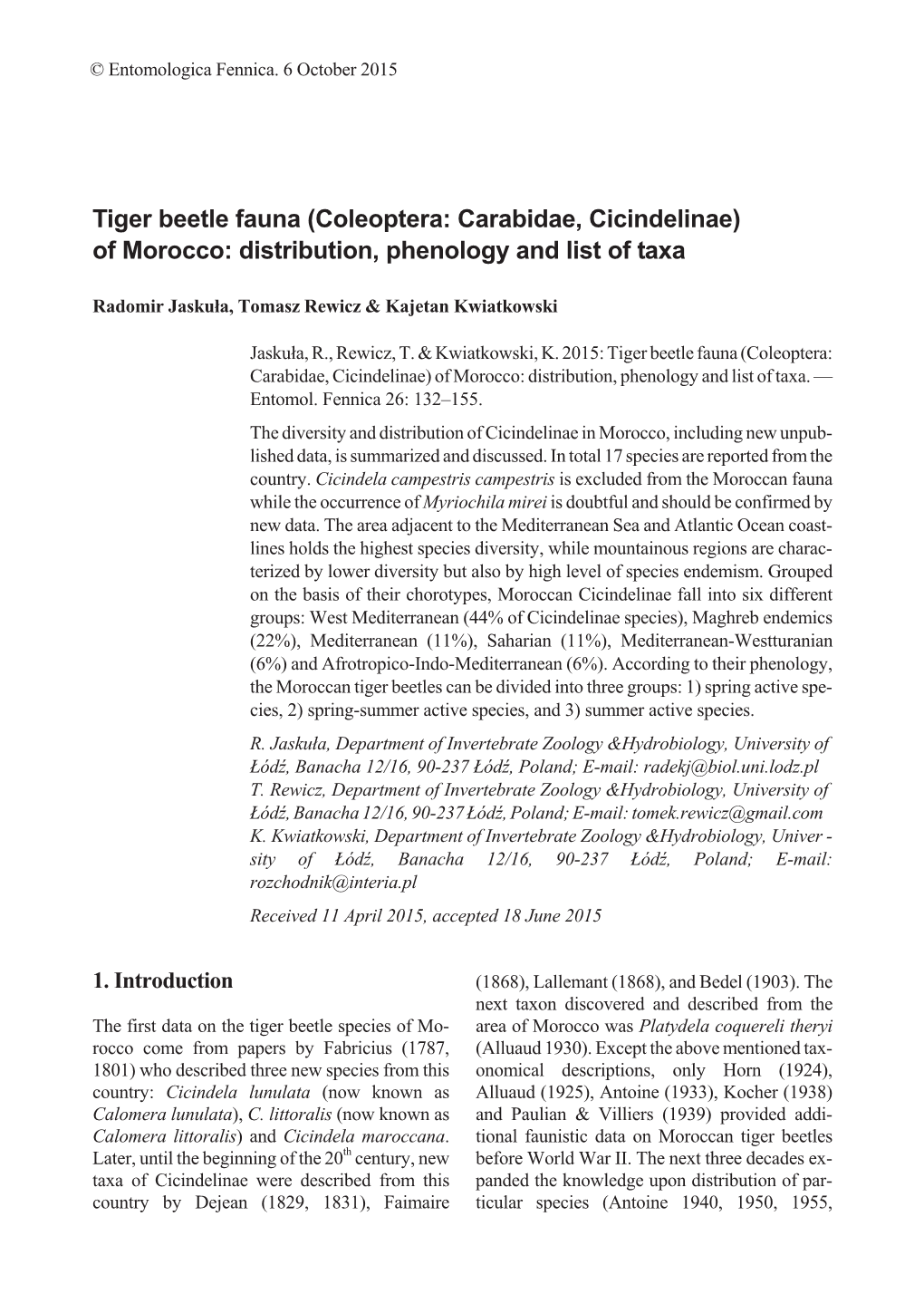 Tiger Beetle Fauna (Coleoptera: Carabidae, Cicindelinae) of Morocco: Distribution, Phenology and List of Taxa