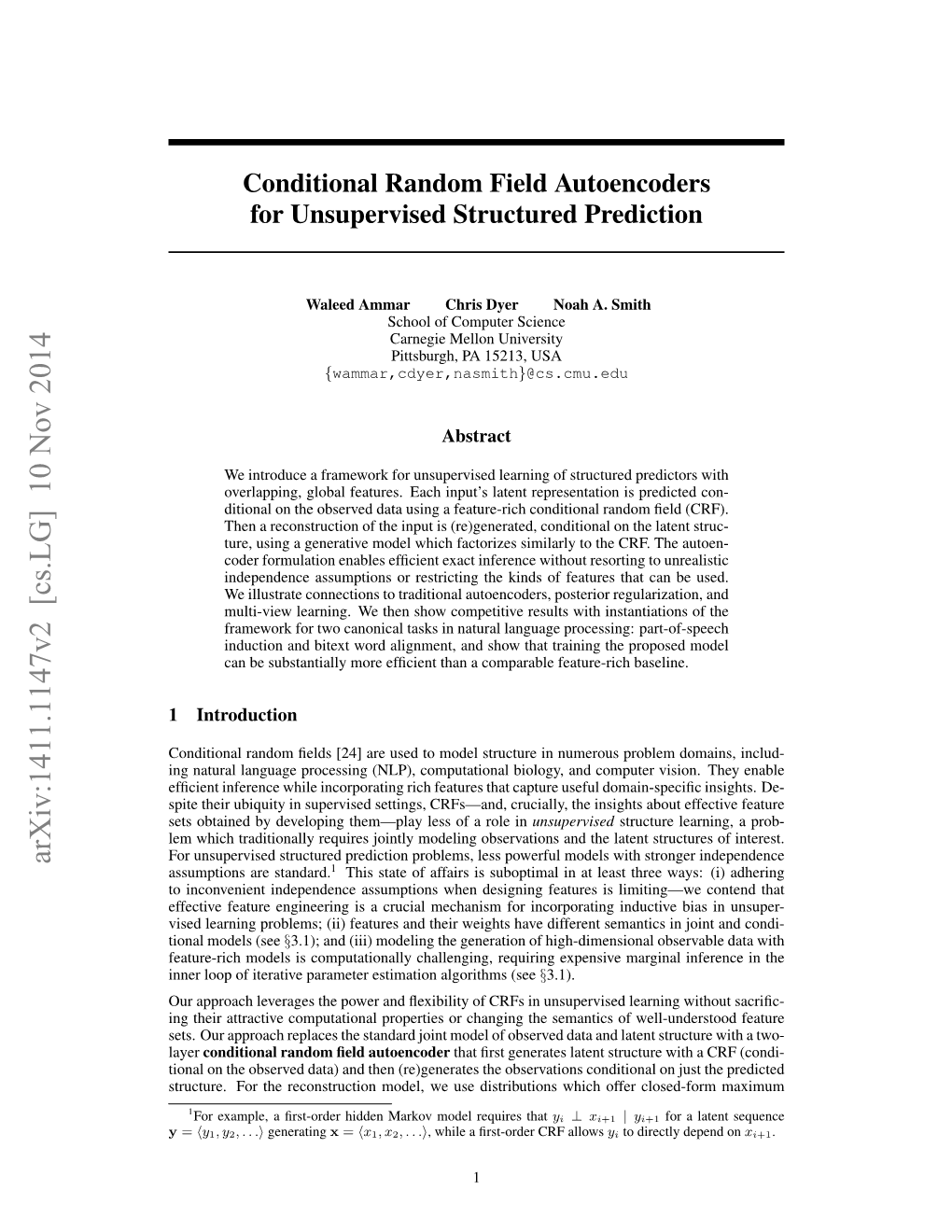 Conditional Random Field Autoencoders for Unsupervised Structured Prediction