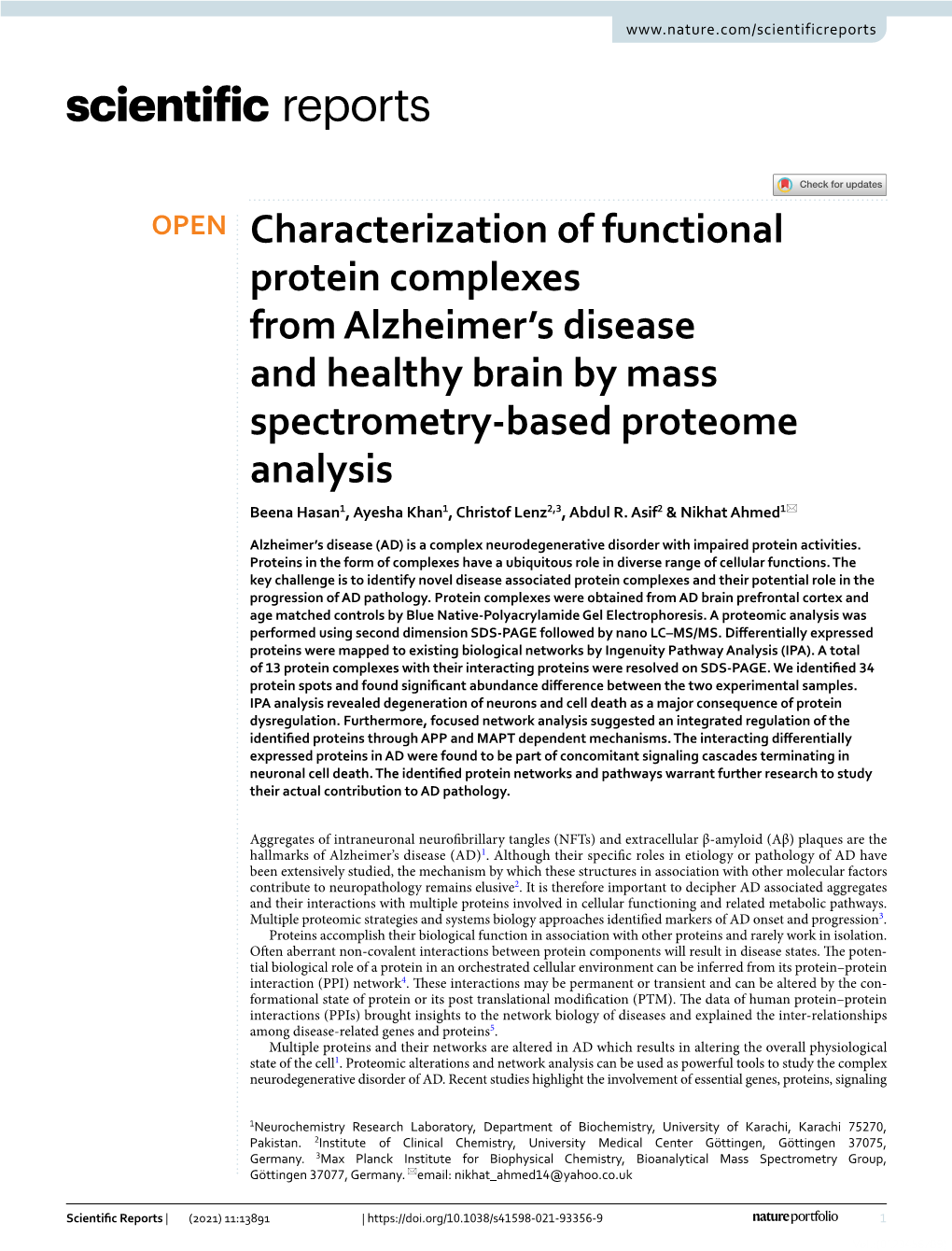 Characterization of Functional Protein Complexes from Alzheimer's