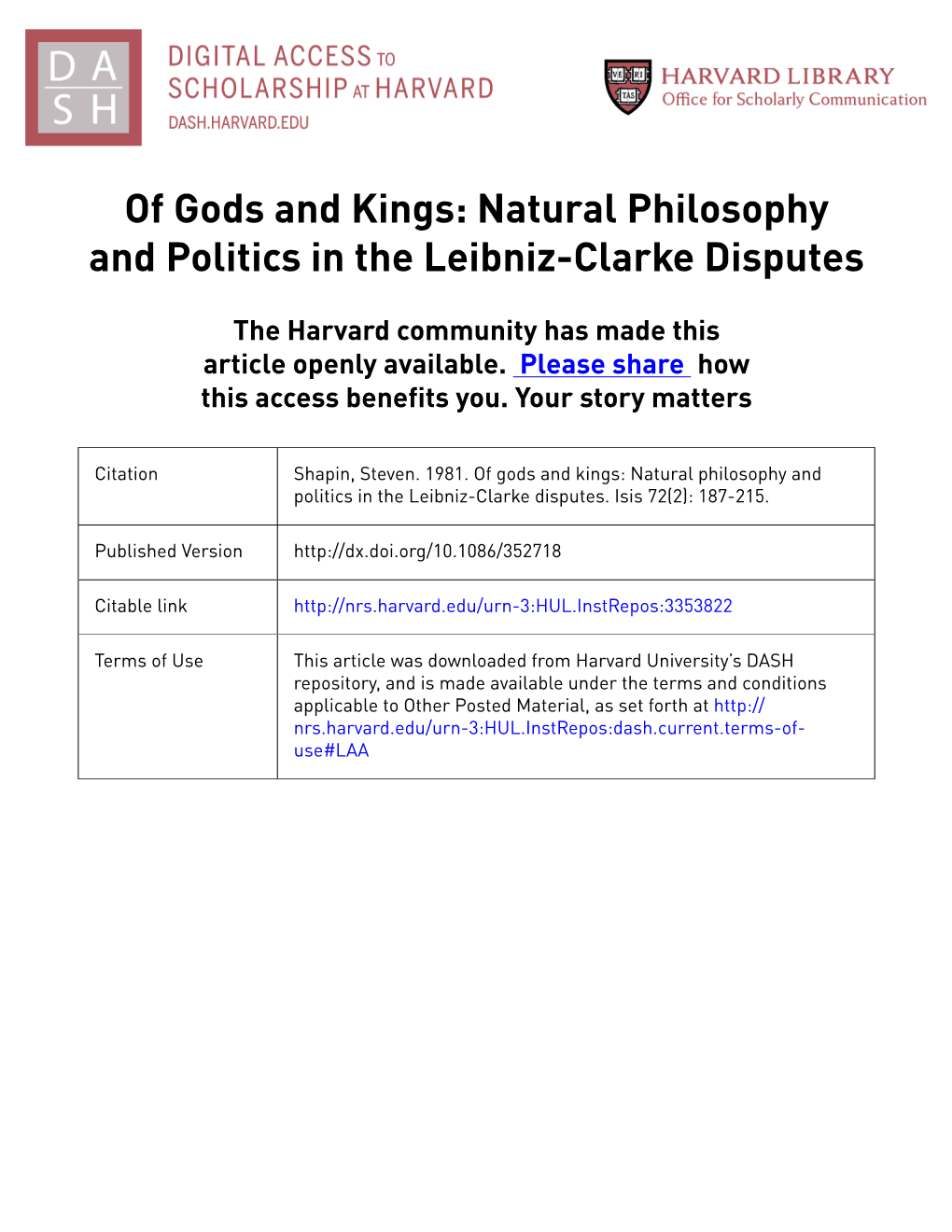 Of Gods and Kings: Natural Philosophy and Politics in the Leibniz-Clarke Disputes