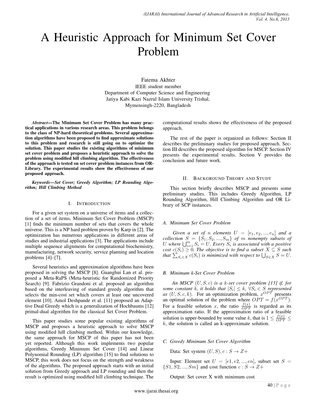 A Heuristic Approach for Minimum Set Cover Problem