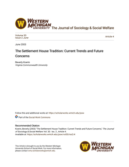 The Settlement House Tradition: Current Trends and Future Concerns