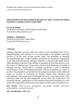 Perceptions of Household Heads on the Causes of Child Poverty in Boipatong Township