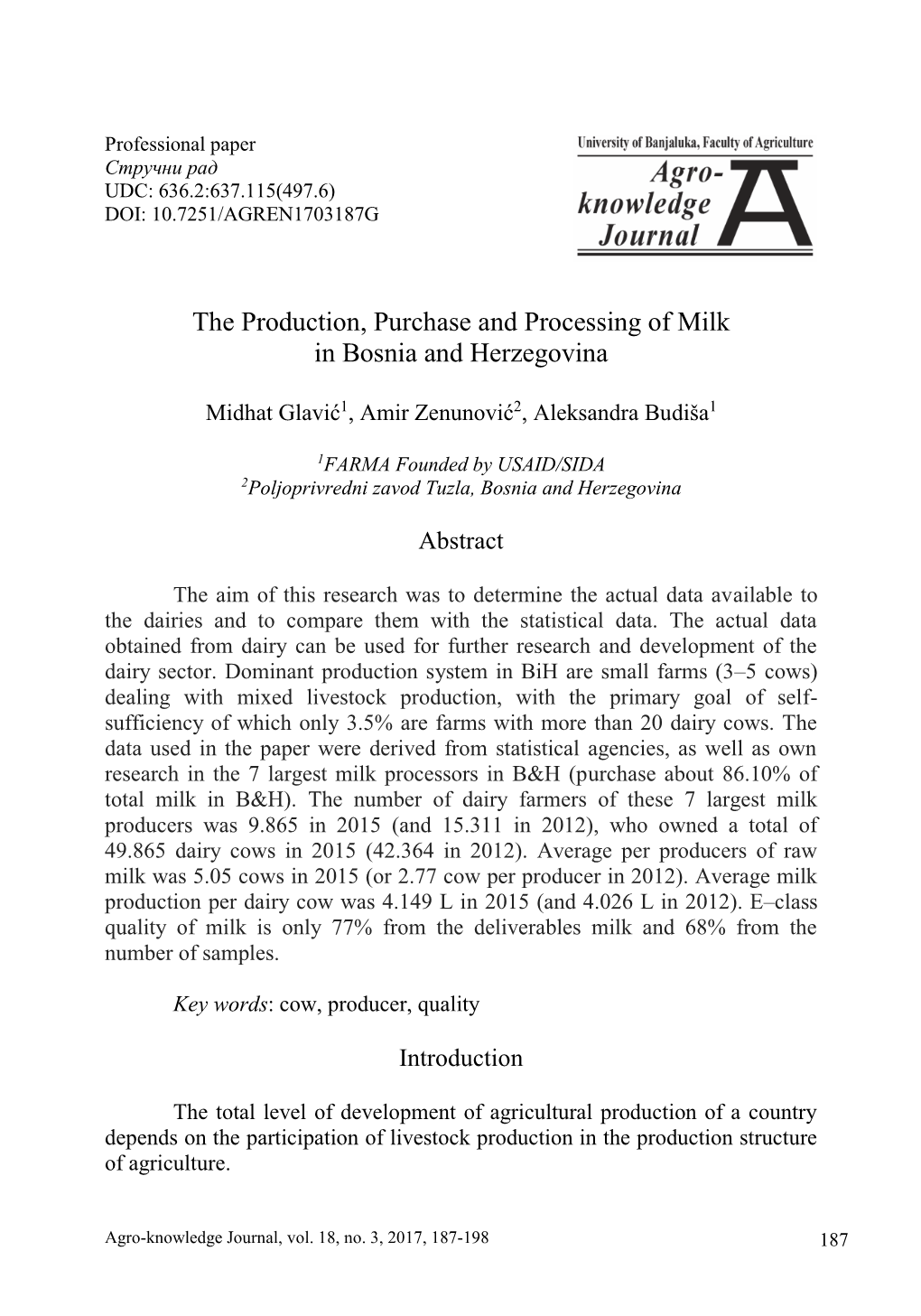 The Production, Purchase and Processing of Milk in Bosnia and Herzegovina