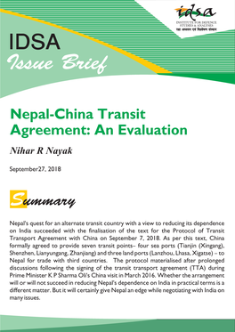 Nepal-China Transit Agreement: an Evaluation Nihar R Nayak