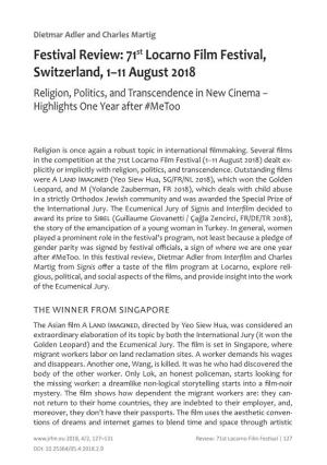 71St Locarno Film Festival, Switzerland, 1–11 August 2018 Religion, Politics, and Transcendence in New Cinema – Highlights One Year After #Metoo