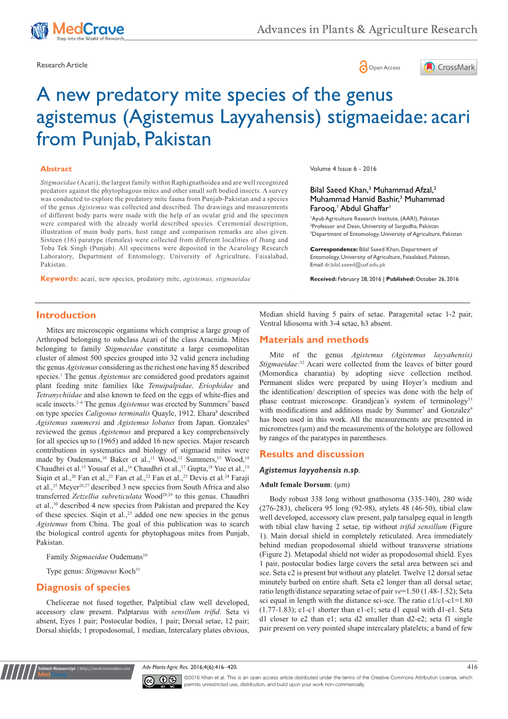 (Agistemus Layyahensis) Stigmaeidae: Acari from Punjab, Pakistan