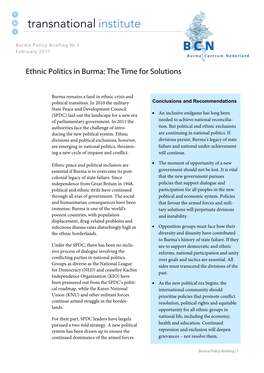 Ethnic Politics in Burma: the Time for Solutions